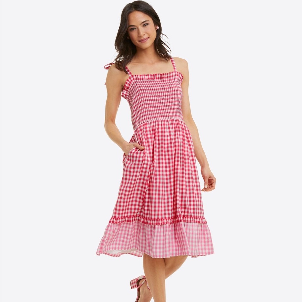 Draper James, Taylor Smocked Dress in Pink Gingham, Size Medium